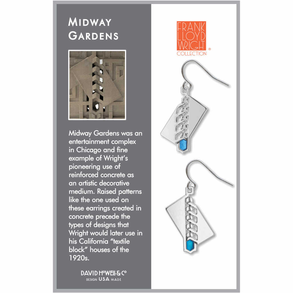 Midway Gardens Earrings: silver-tone geometric earrings inspired by Frank Lloyd Wright's Midway Gardens design, featuring blue hexagonal accents.