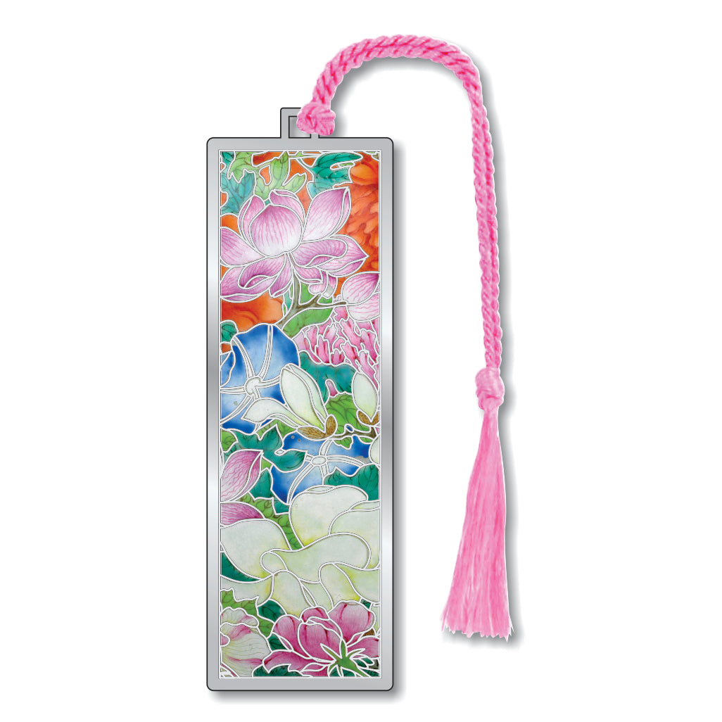 A metal bookmark with silver finish featuring a colorful floral pattern, attached to a pink braided tassel.