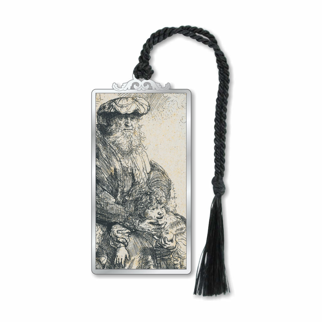 A silver metal bookmark featuring an etching by Rembrandt with a black tassel, depicting an elderly man with a child.