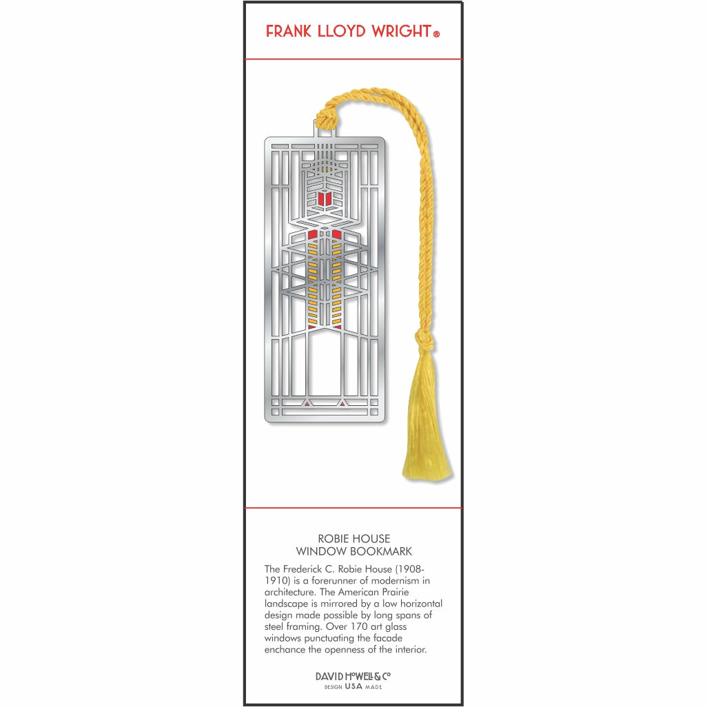 Brass bookmark depicting horizontal architectural design with geometric lines in warm tones