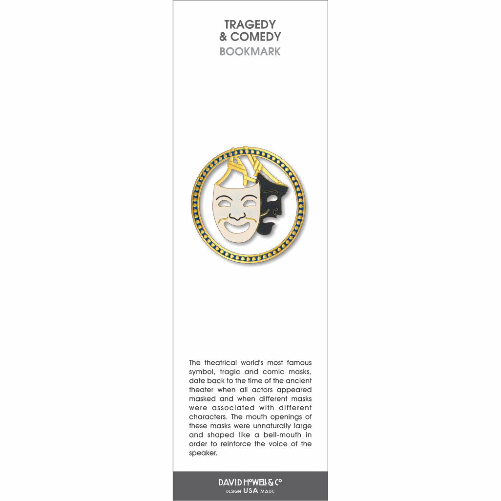 Tragedy and comedy masks bookmark with gold detailing, showing smiling and frowning theatrical faces in a circular design.