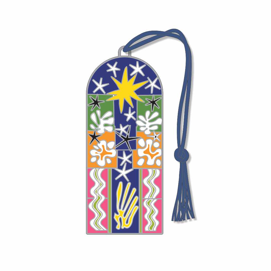 Henri Matisse Christmas Night Bookmark featuring a colorful abstract design with a bright yellow star, geometric shapes, and a blue tassel.