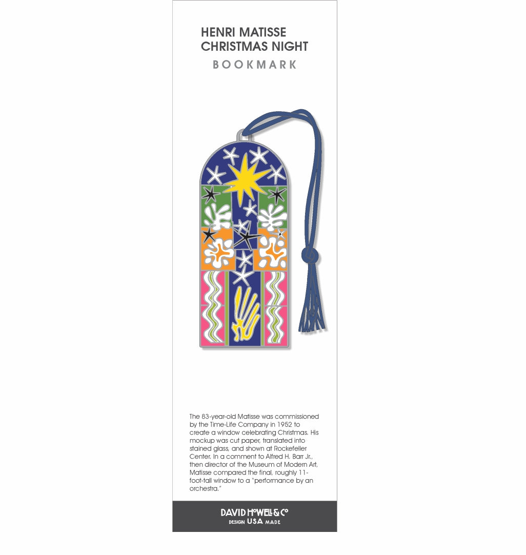 Henri Matisse Christmas Night Bookmark featuring a colorful stained-glass–style design with a bright yellow star, abstract shapes, and a blue tassel.