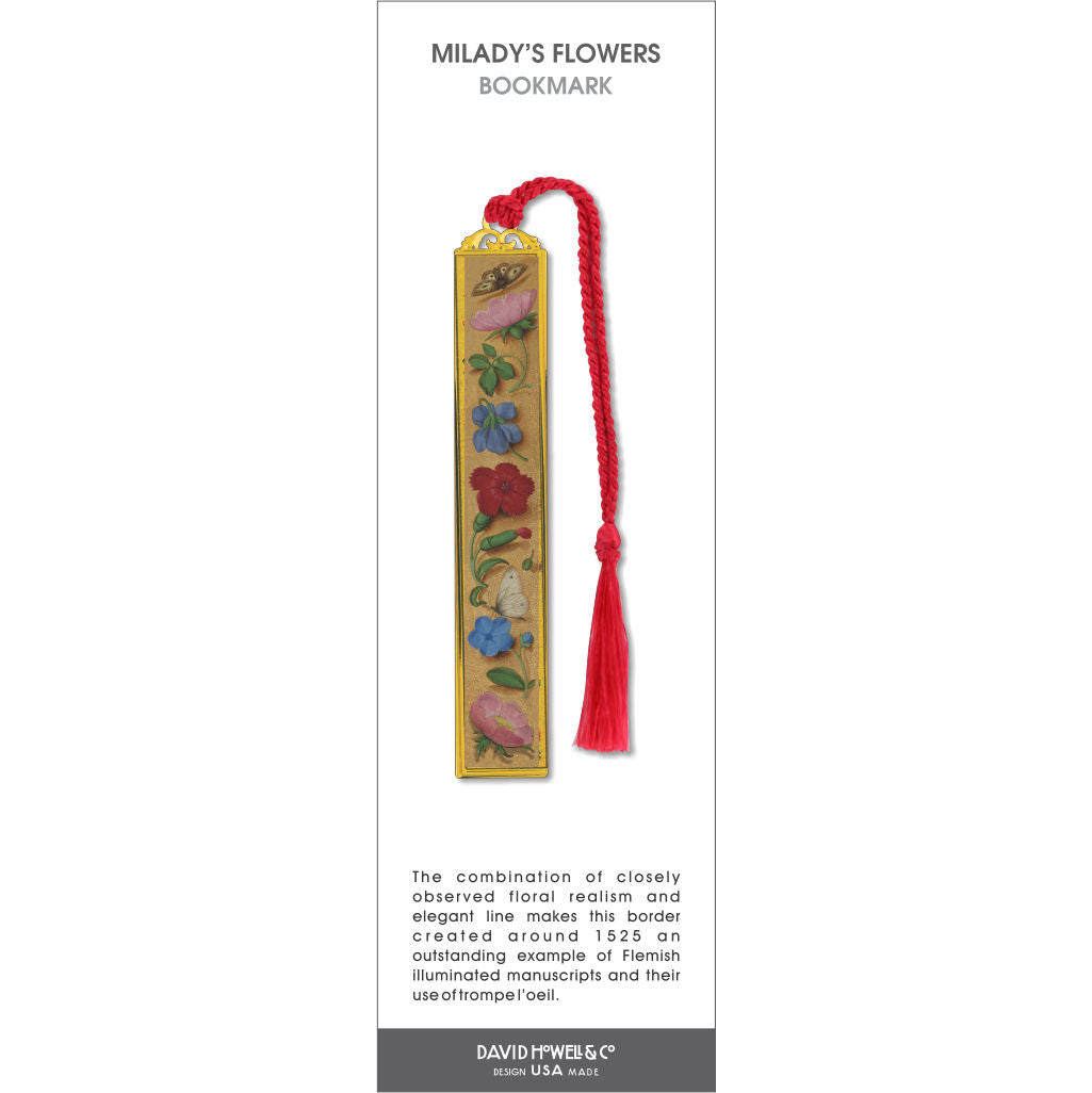 Milady’s Flowers bookmark with detailed floral border, butterflies, gold frame, and red tassel.
