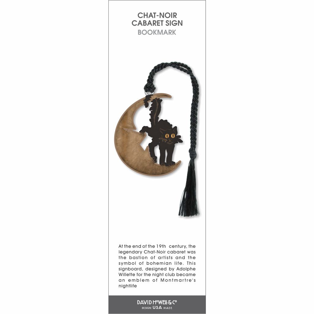 Black cat on crescent moon bookmark inspired by Chat Noir cabaret sign, with black tassel.