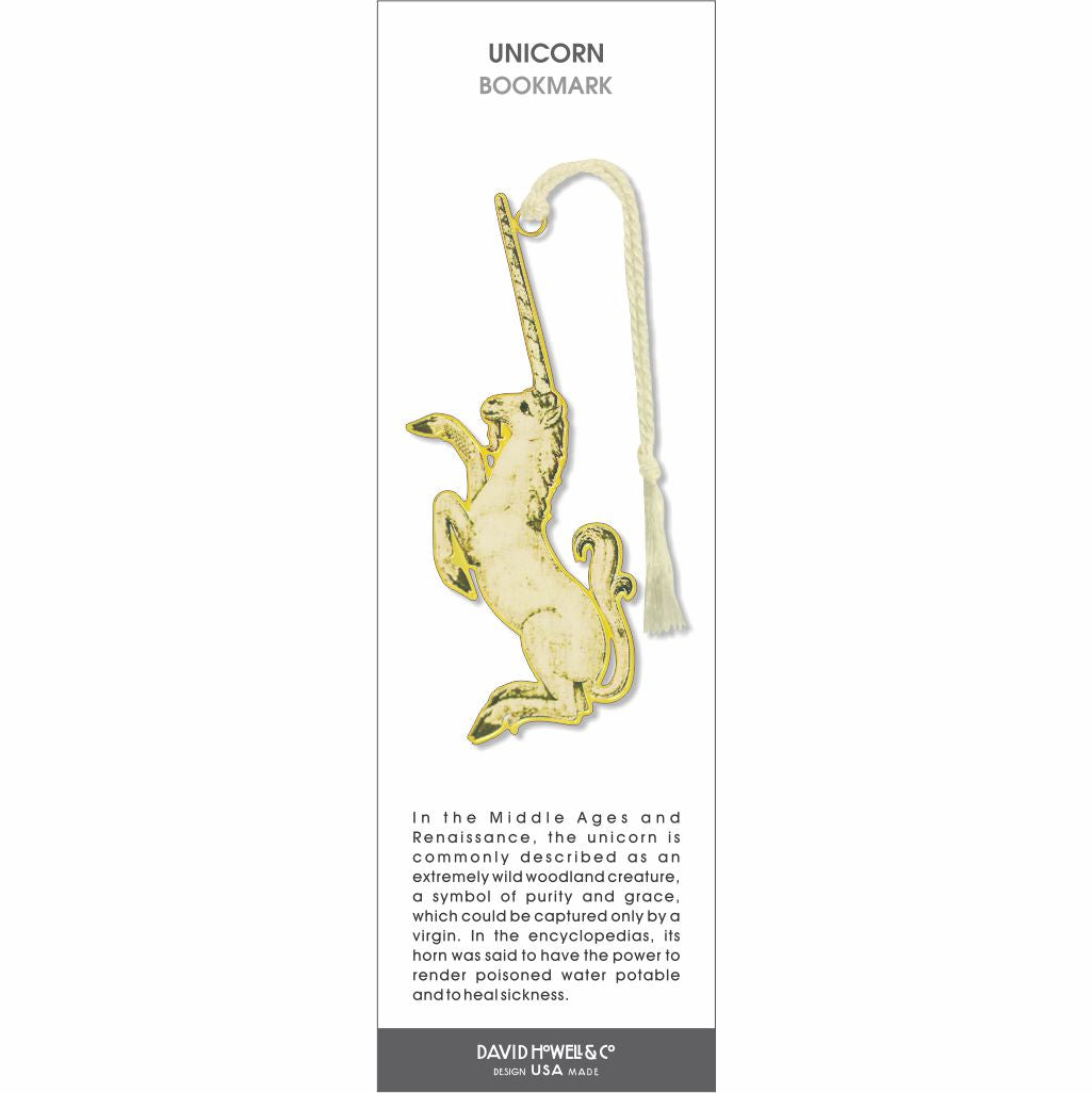 Unicorn bookmark featuring a rearing unicorn with long horn, gold tone design, and cream tassel.