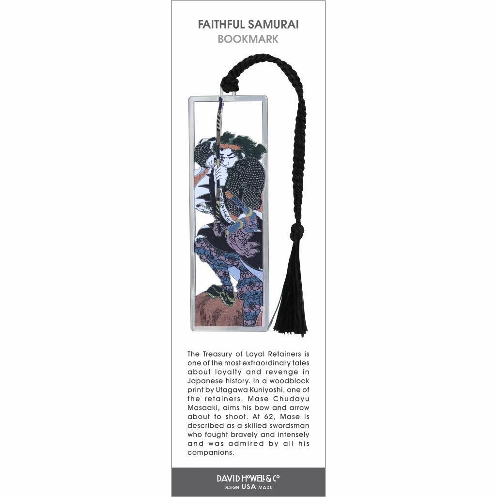 Faithful Samurai bookmark featuring a Japanese warrior with bow and arrow, silver frame, and black tassel.