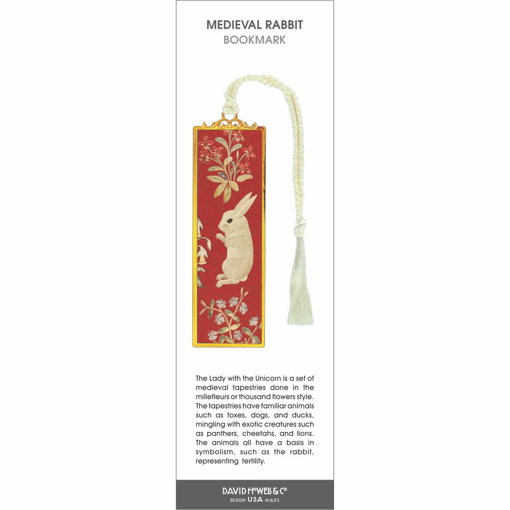 Medieval Rabbit bookmark featuring a white rabbit on red millefleurs floral background, gold frame, and cream tassel.
