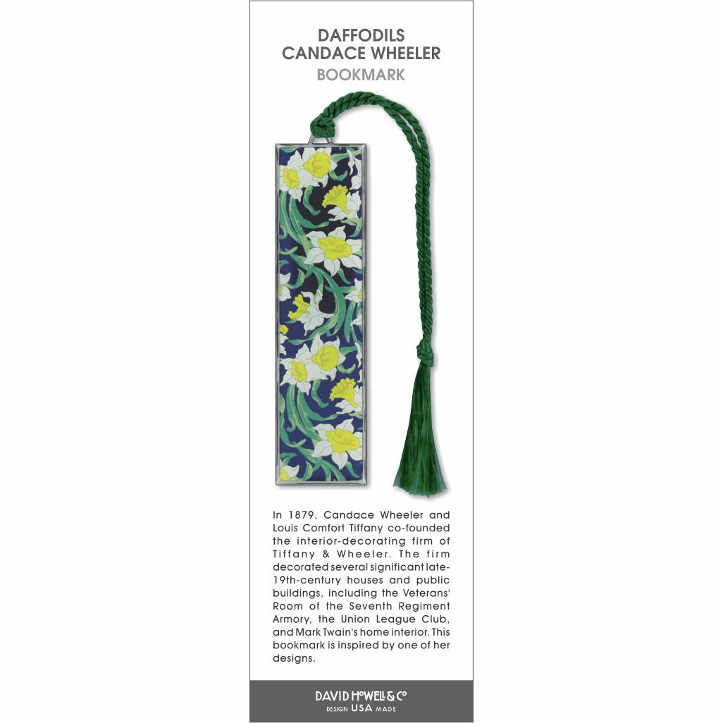 Daffodils Candace Wheeler bookmark featuring yellow daffodils and flowing green stems on a dark blue patterned background with green tassel.