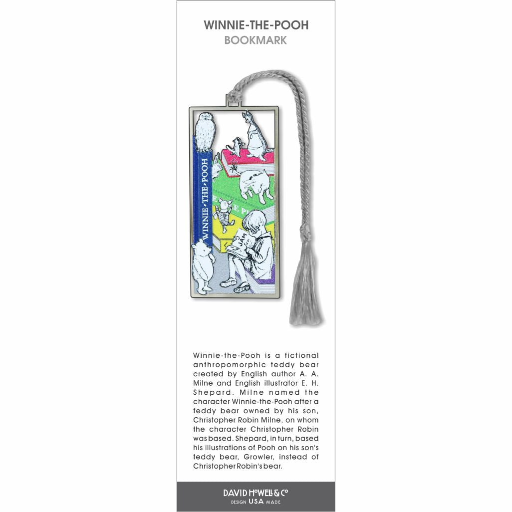 Winnie-the-Pooh bookmark featuring classic Pooh characters in storybook scenes with colorful panels and a light gray tassel.