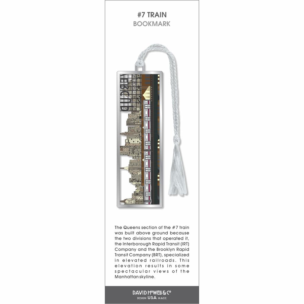 #7 Train bookmark featuring elevated subway passing NYC skyline, with city buildings and white tassel.