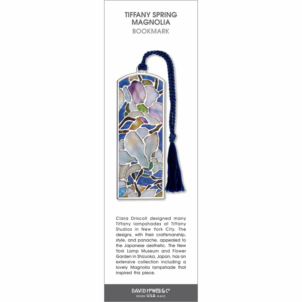 Tiffany Spring Magnolia bookmark featuring stained-glass style magnolia blossoms in soft blues and purples with a navy tassel.