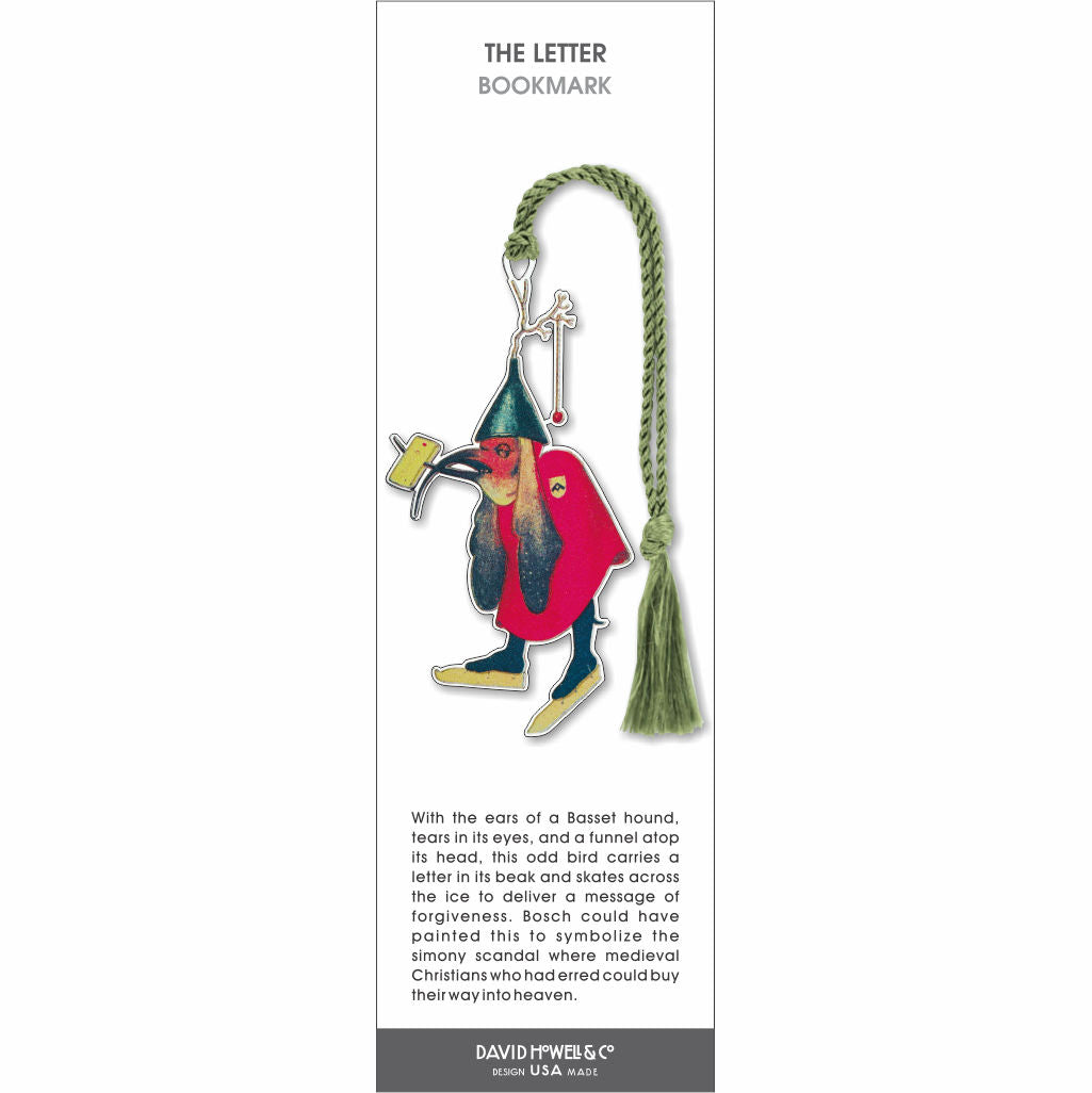 The Letter bookmark featuring a whimsical bird with long ears carrying a letter, wearing a red cloak and green hat, with green tassel.