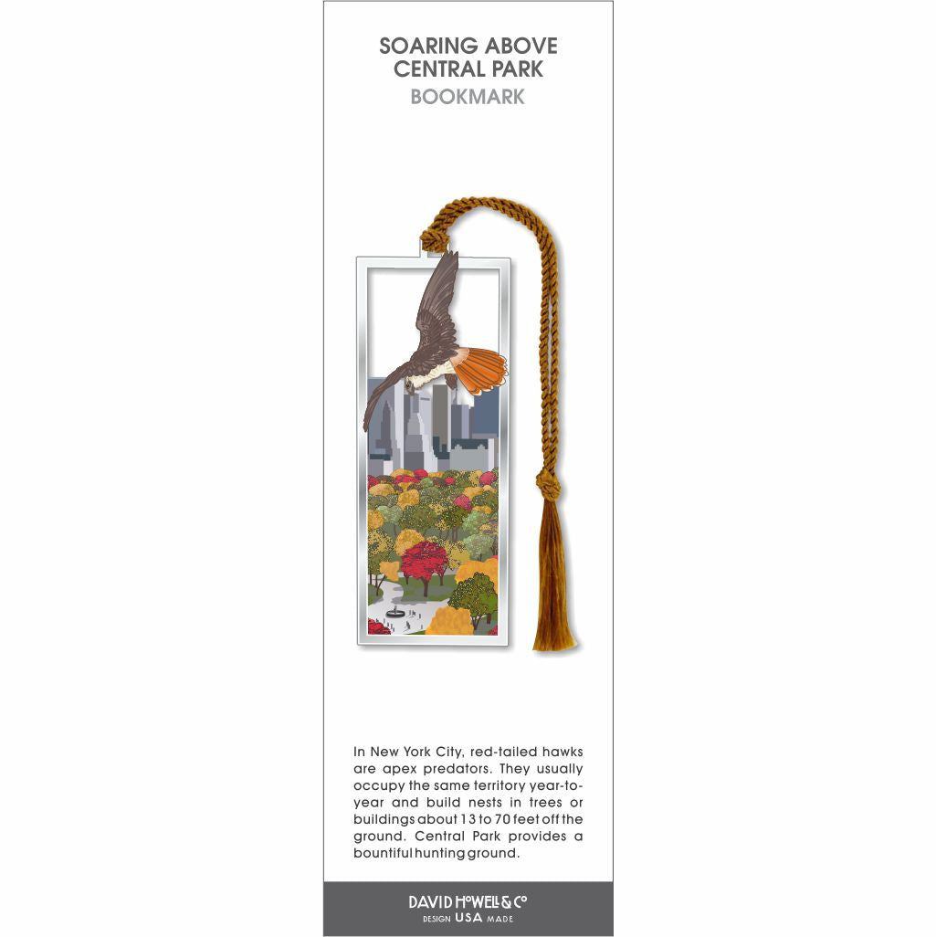Soaring Above Central Park bookmark featuring a red-tailed hawk flying over colorful park trees with NYC skyline in background and brown tassel.