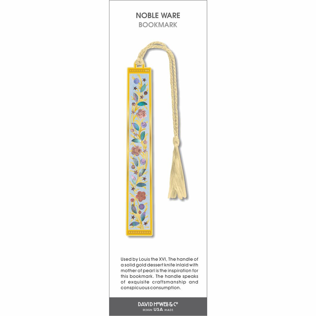 Noble Ware bookmark featuring delicate floral and botanical motifs in soft pastels on a gold frame with cream tassel.