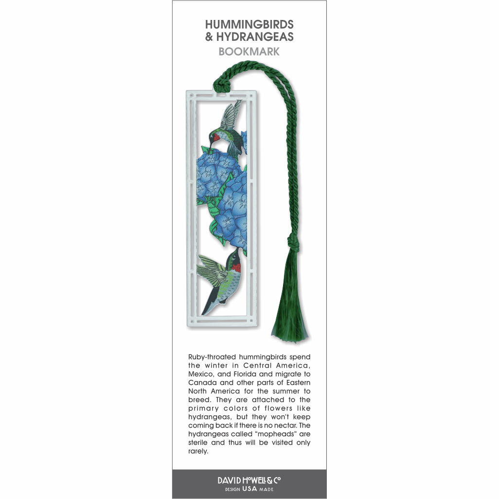 Hummingbirds & Hydrangeas bookmark with two hummingbirds around blue hydrangea flowers, white frame, and green tassel.