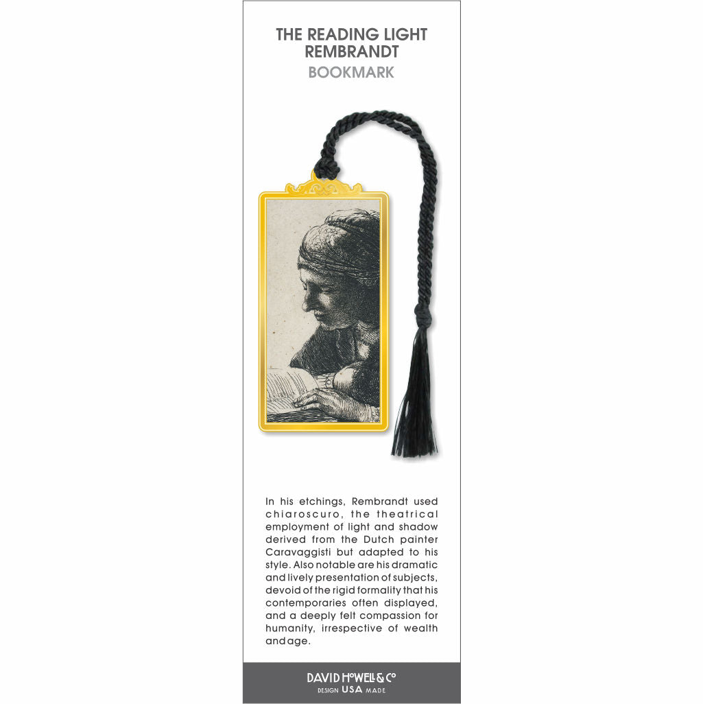 Reading Light Rembrandt bookmark with etched portrait of person reading, gold frame, and black tassel.