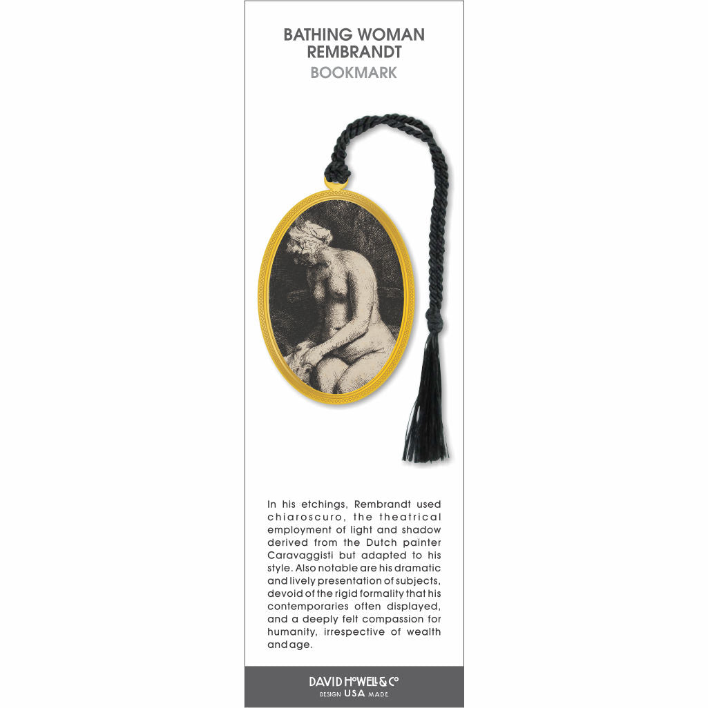 Bathing Woman Rembrandt bookmark with black-and-white etching of seated nude figure in gold frame and black tassel.