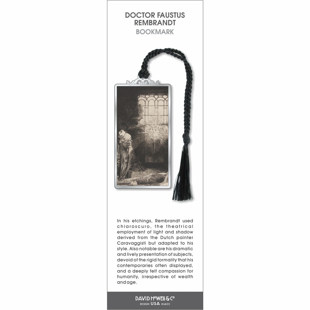 Doctor Faustus Rembrandt bookmark featuring a monochrome etching-style scene with a scholar illuminated by a glowing mystical symbol, paired with a black tassel.