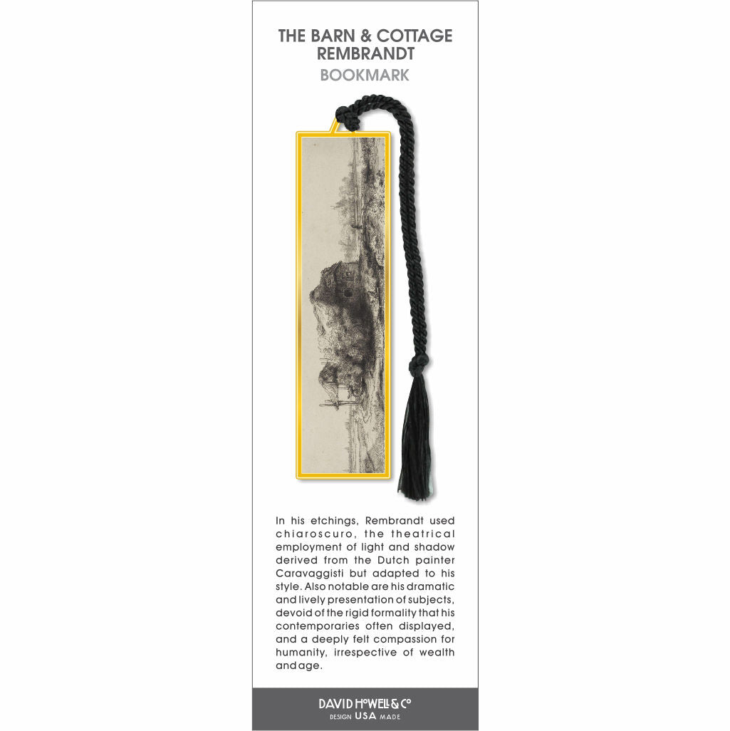 Barn & Cottage Rembrandt bookmark with etched rural landscape, gold frame, and black tassel.