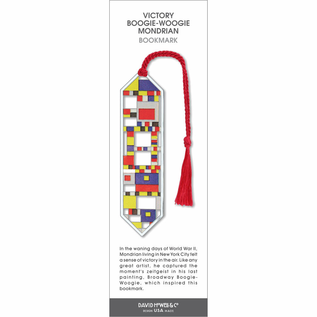Victory Boogie-Woogie Mondrian bookmark featuring geometric blocks in red, blue, yellow, and white with a red tassel.