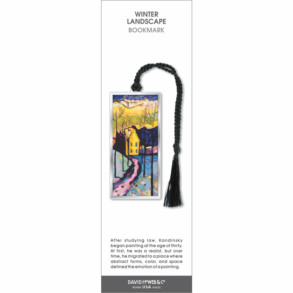 Winter Landscape bookmark with colorful abstract scene, house, trees, and black tassel.