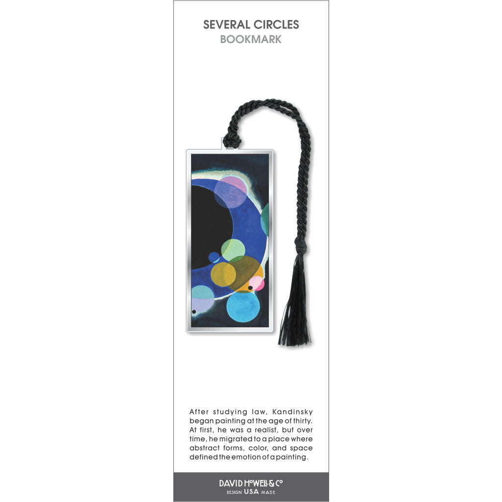 Several Circles bookmark, abstract Kandinsky design with overlapping colorful circles, dark background, silver frame, black tassel