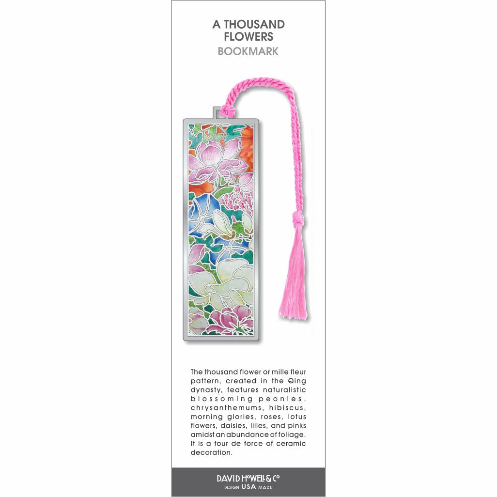 A Thousand Flowers bookmark, floral mosaic of colorful blossoms and foliage, silver frame, pink tassel