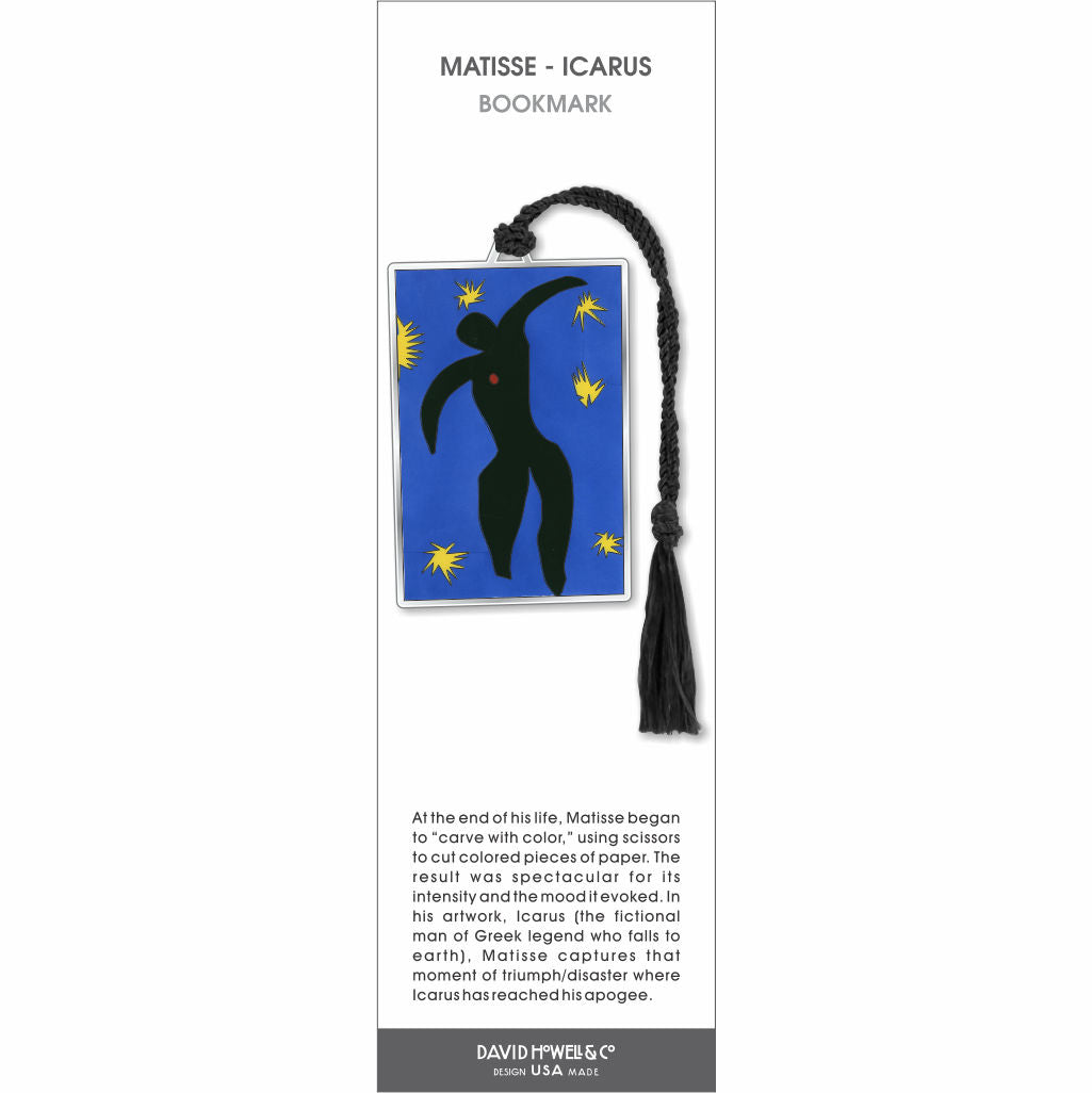 Matisse Icarus bookmark with black figure on blue background with yellow stars, silver frame, and black tassel.