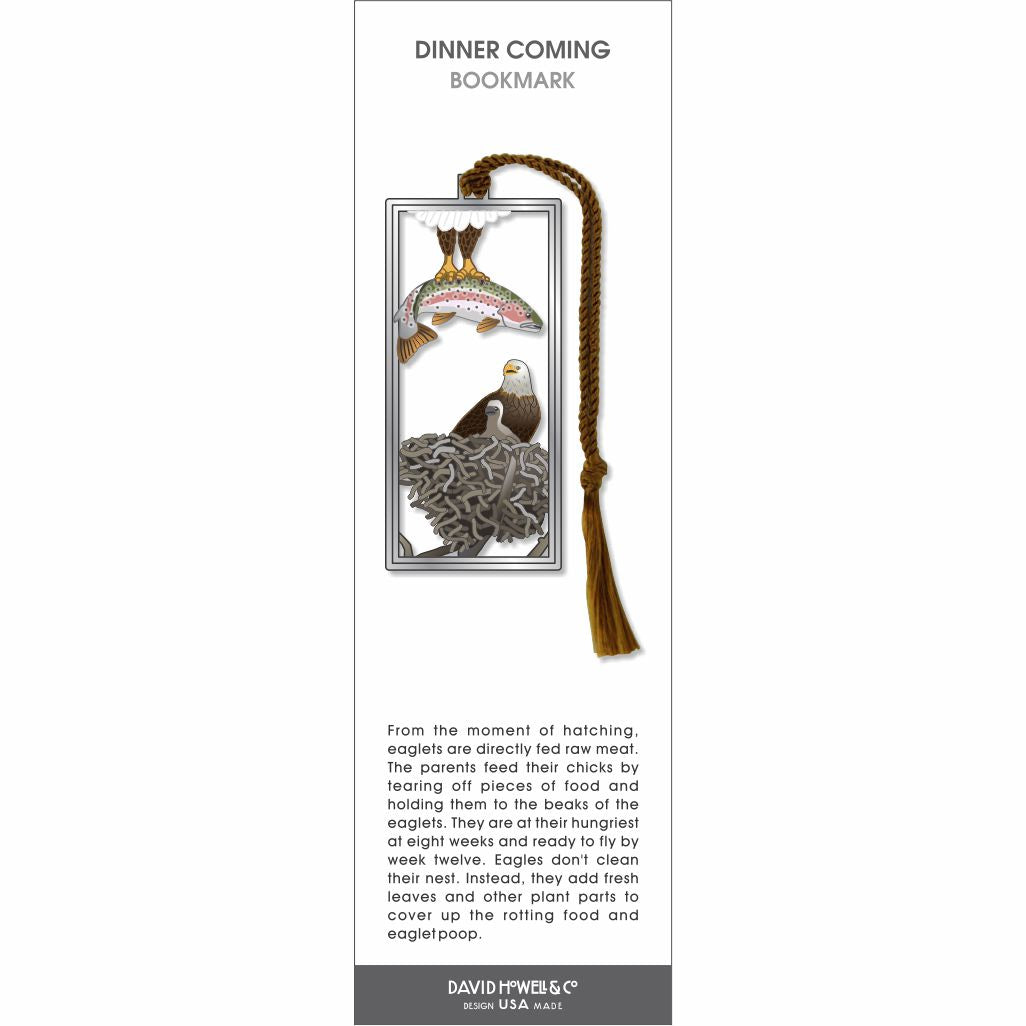 Dinner Coming bookmark, eagle nest scene with fish overhead, silver frame, and brown tassel