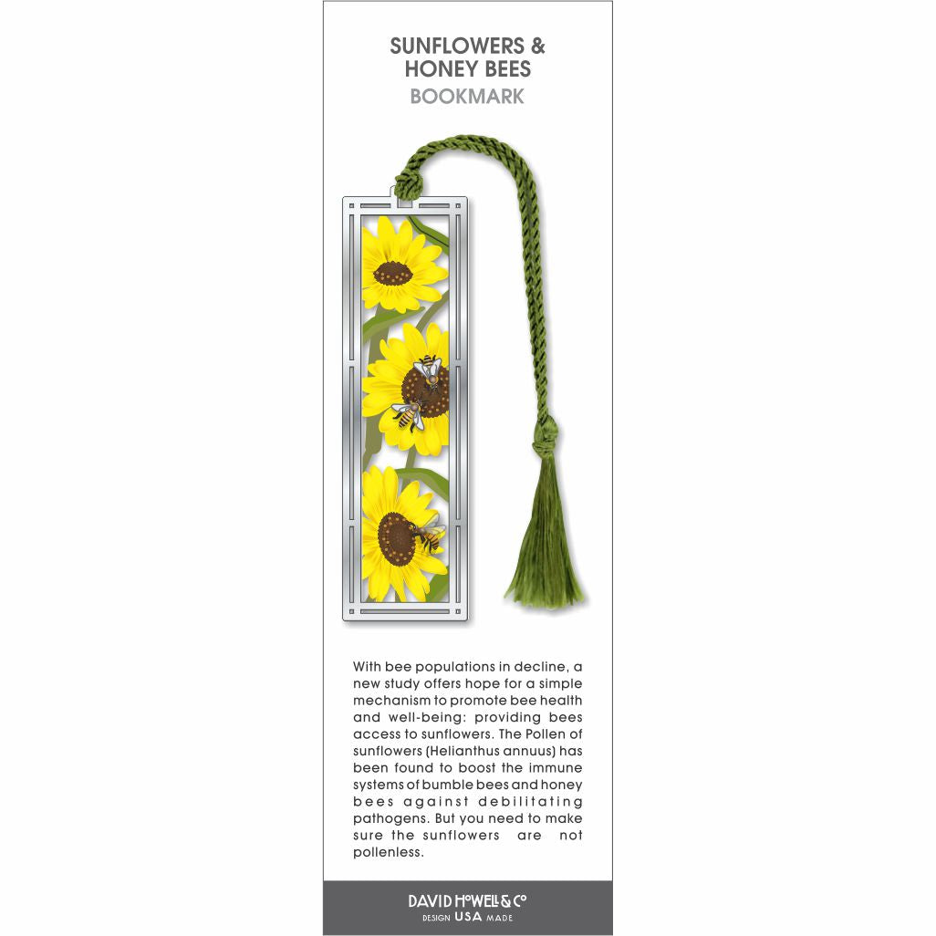 Sunflowers & Honey Bees bookmark, bright yellow sunflowers with bees, silver frame, and green tassel