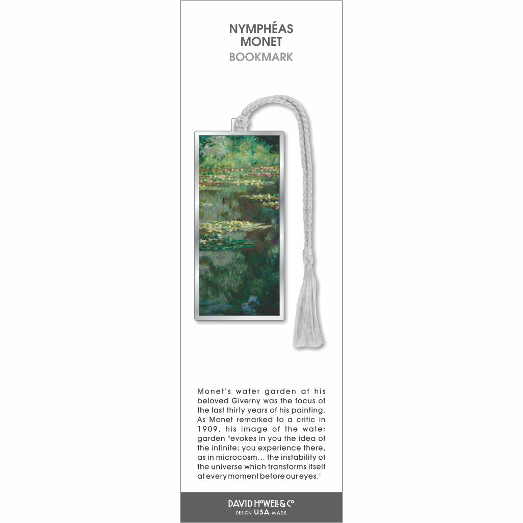 Nymphéas Monet bookmark, water lilies on reflective pond with green tones, silver frame, white tassel