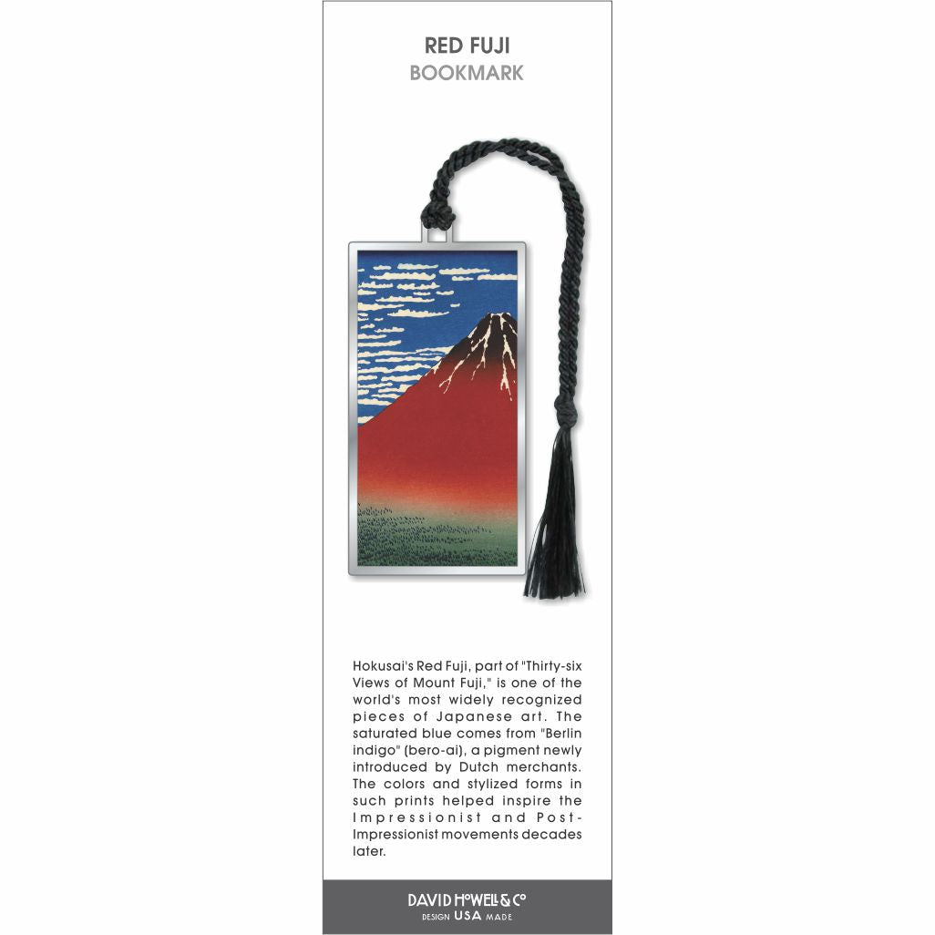 Red Fuji bookmark, stylized red Mount Fuji under blue sky with clouds, silver frame, black tassel