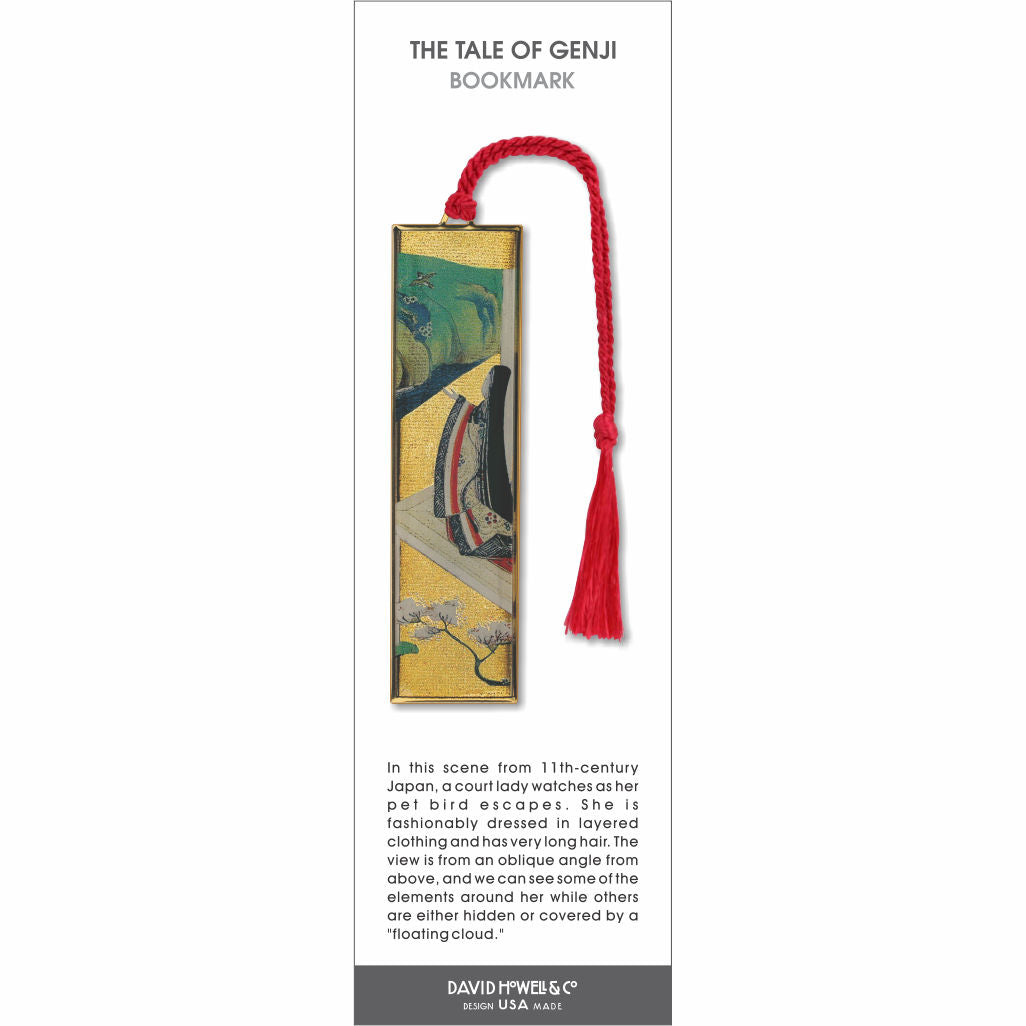 The Tale of Genji bookmark, Japanese court lady in layered robes with long hair, gold background, red tassel