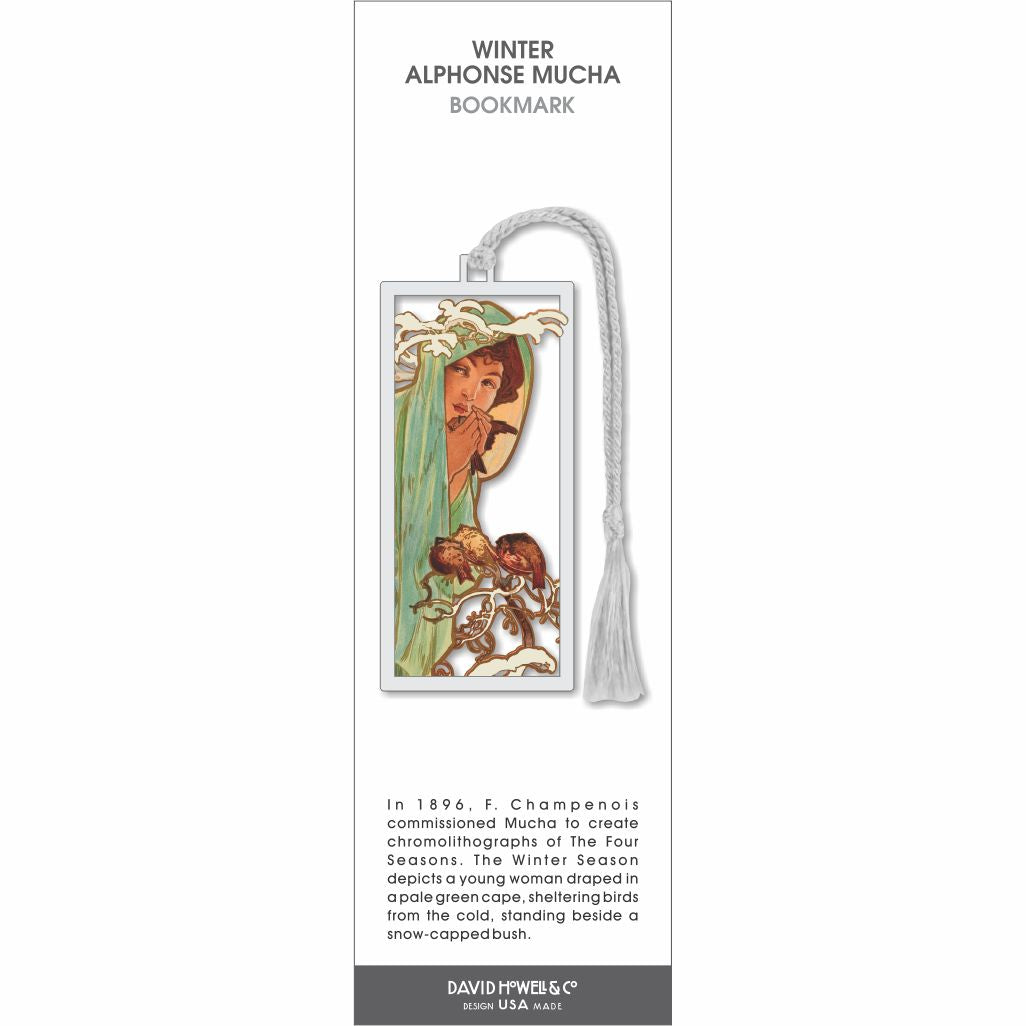 Winter Alphonse Mucha bookmark, woman in green cloak sheltering birds beside snowy branches, silver frame, white tassel.