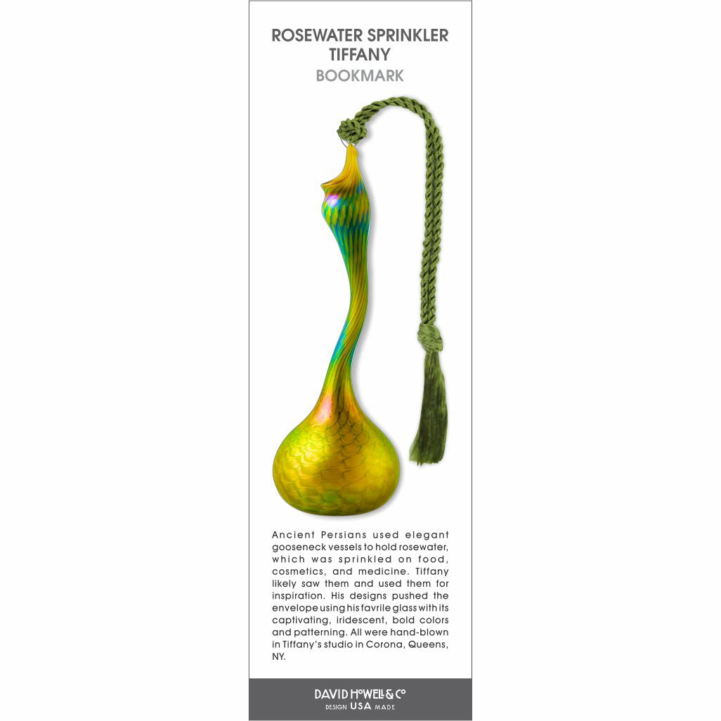 Rosewater Sprinkler Tiffany bookmark, iridescent glass vessel in green and gold tones, with green tassel