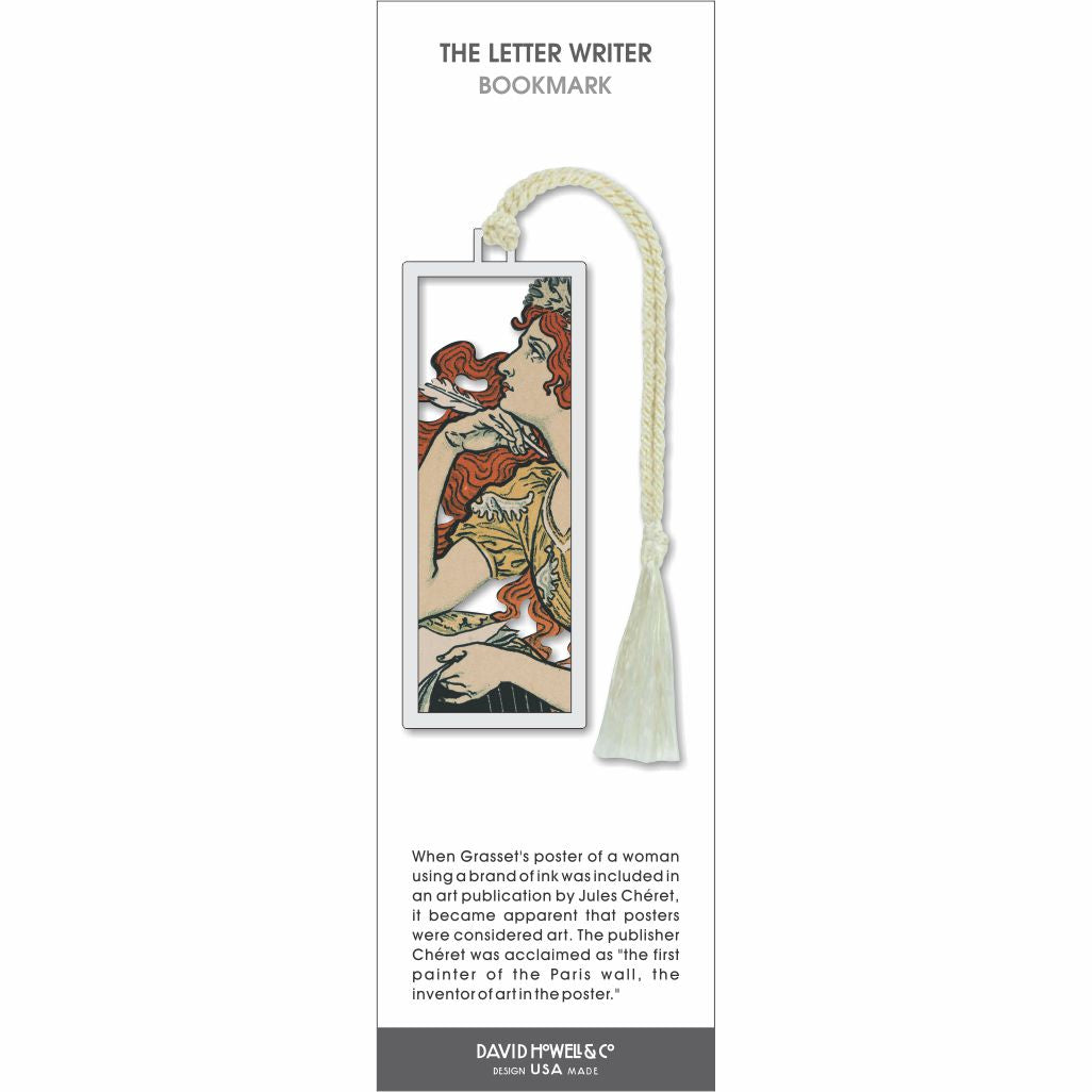 The Letter Writer’ bookmark featuring an Art Nouveau illustration of a red-haired woman, with a cream braided tassel.