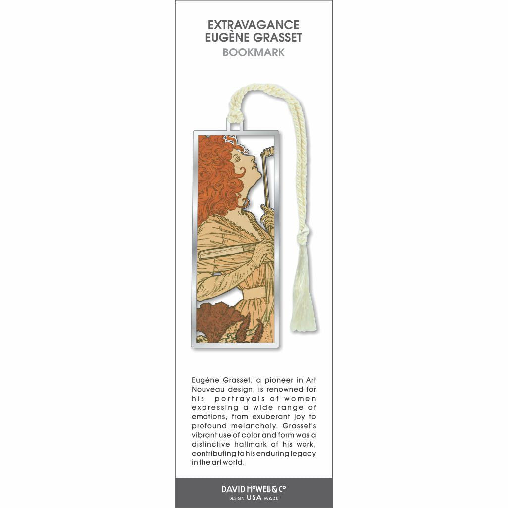Extravagance Eugène Grasset bookmark, Art Nouveau woman with flowing red hair holding fan, soft tones, cream tassel