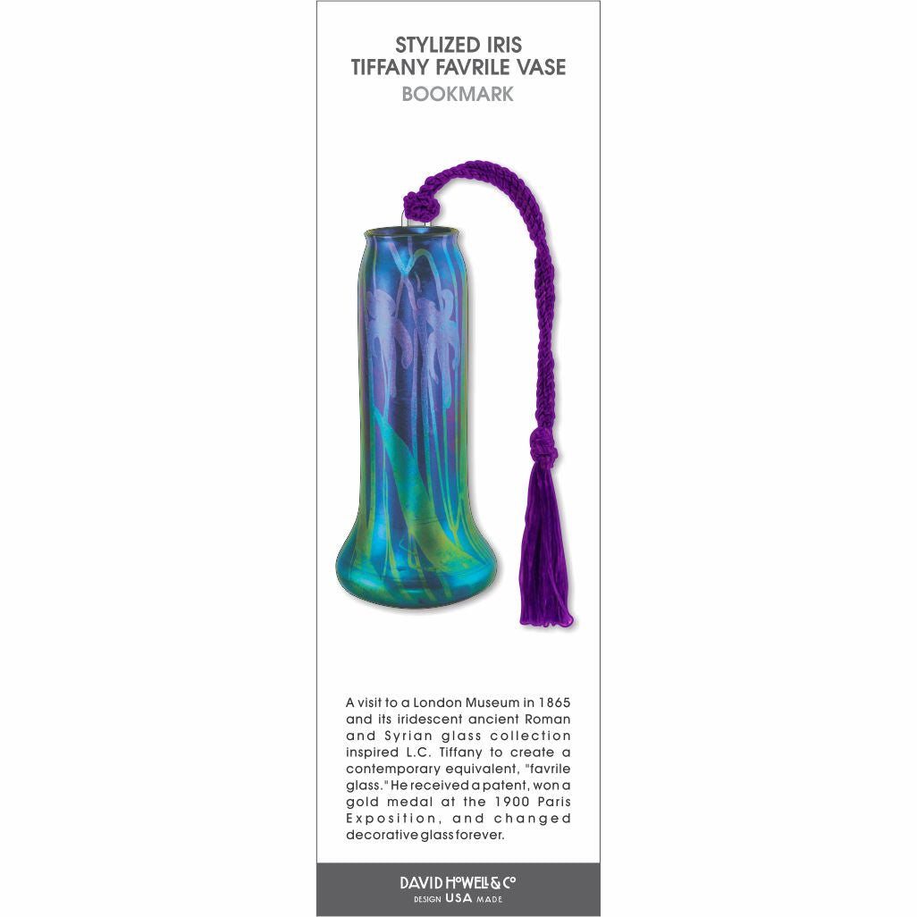 Stylized Iris Tiffany Favrile Vase bookmark, iridescent blue-green vase with iris design and purple tassel