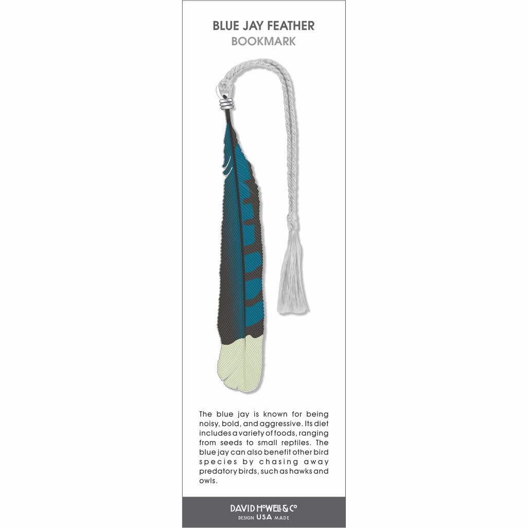 Blue Jay Feather bookmark, stylized blue, black, and white feather design with silver top and white tassel