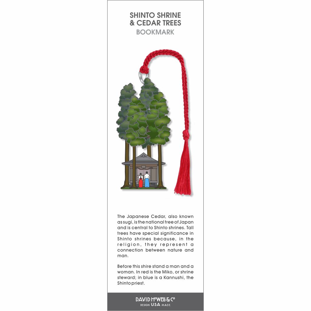 Shinto Shrine & Cedar Trees bookmark, small shrine beneath tall green cedars, figures in red and blue, red tassel