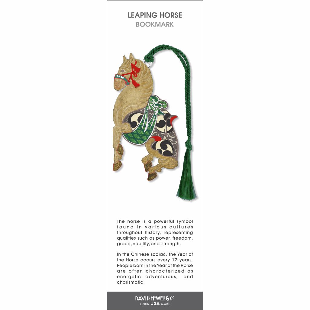 Leaping Horse bookmark, stylized tan horse mid-leap with decorative patterns and green tassel