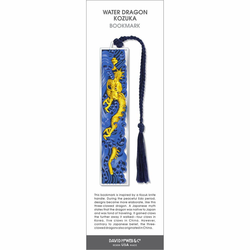 Water Dragon Kozuka bookmark, gold dragon on blue waves design, vertical metal piece with dark blue tassel