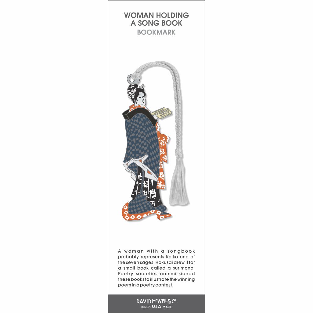Woman Holding a Song Book bookmark, stylized Japanese woman in patterned kimono reading, white tassel