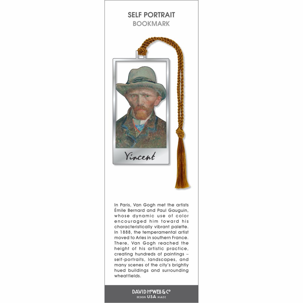 Self Portrait bookmark, Van Gogh self-portrait with hat, soft brushstrokes, framed design and gold tassel.