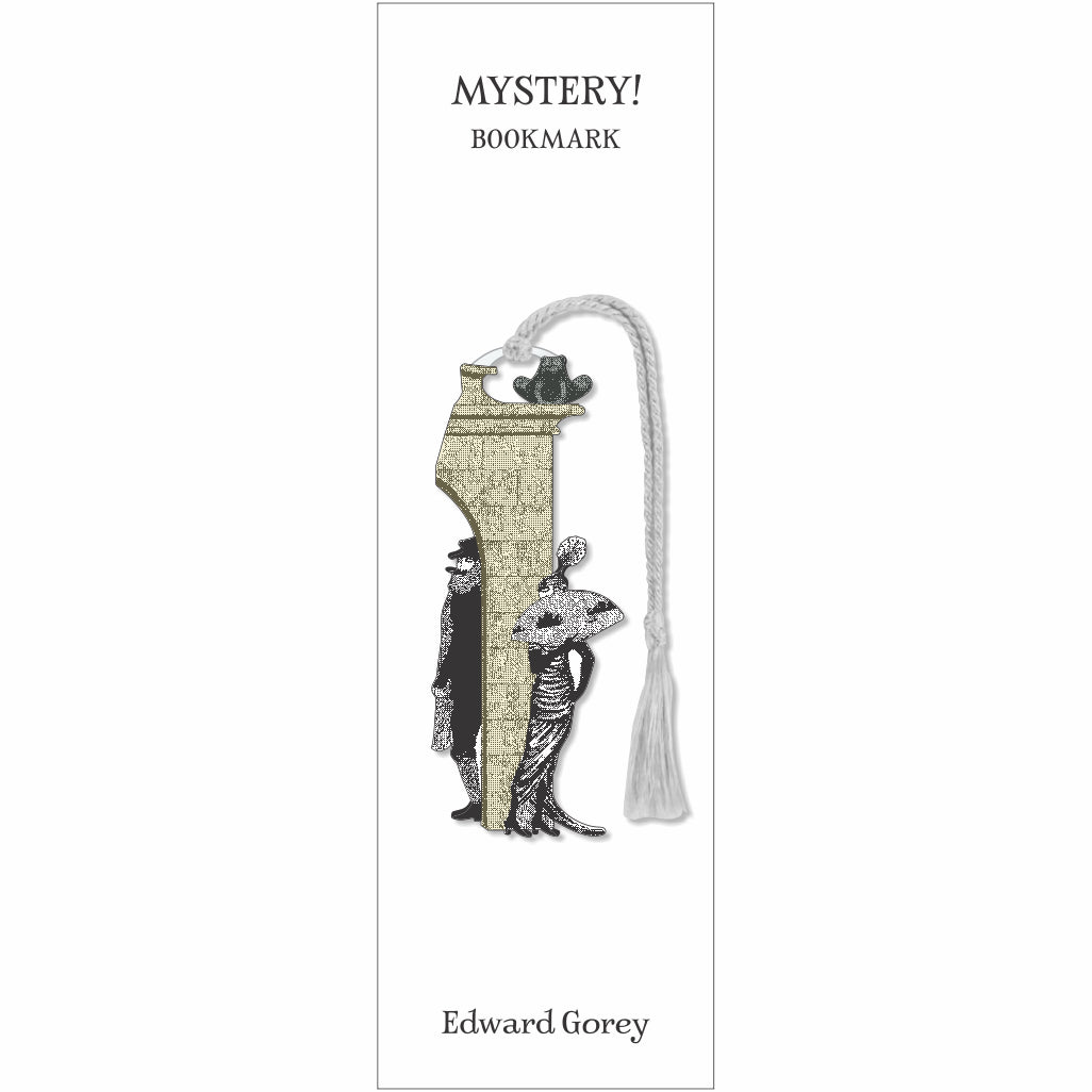 Mystery! bookmark with vintage figures beside a stone archway