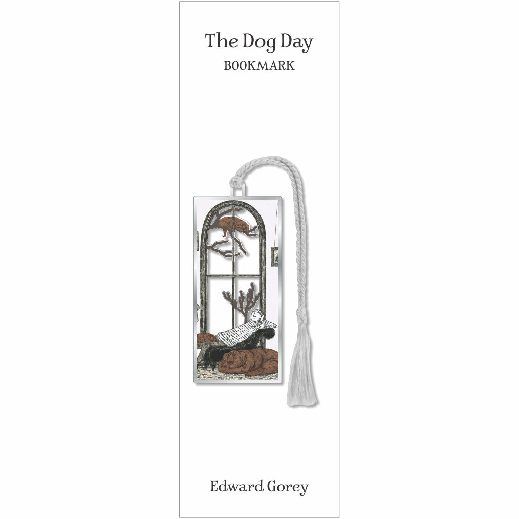 The Dog Day bookmark with figure resting beneath an arched window