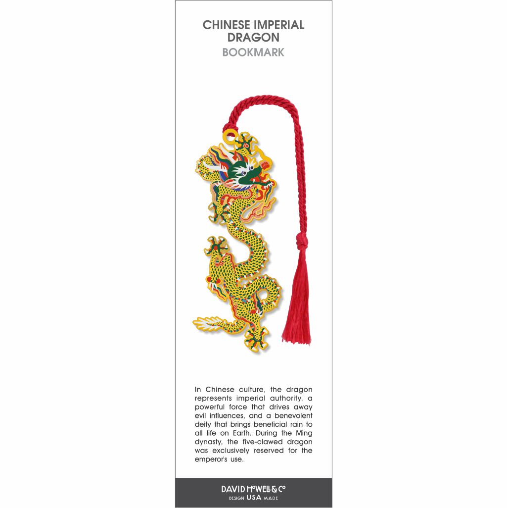 Chinese Imperial Dragon bookmark featuring a detailed yellow and green dragon design, finished with a red tassel.