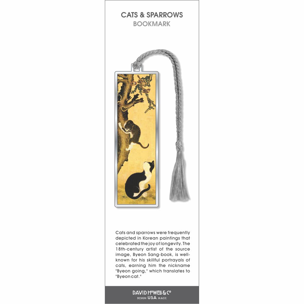 Cats & Sparrows bookmark, two cats on tree trunk with small birds above, warm golden background, white tassel.