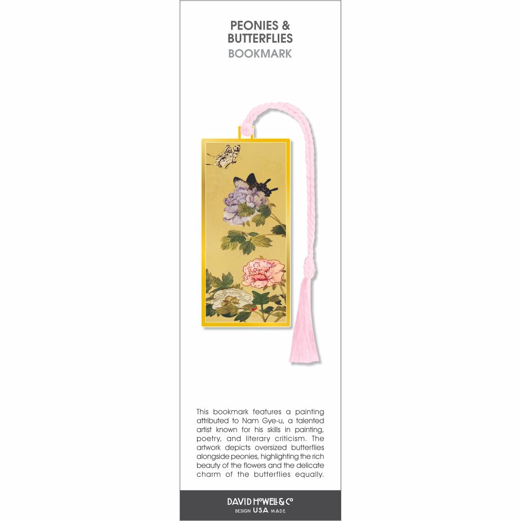Peonies & Butterflies bookmark, delicate peony blossoms with butterflies on a soft golden background, pink tassel.